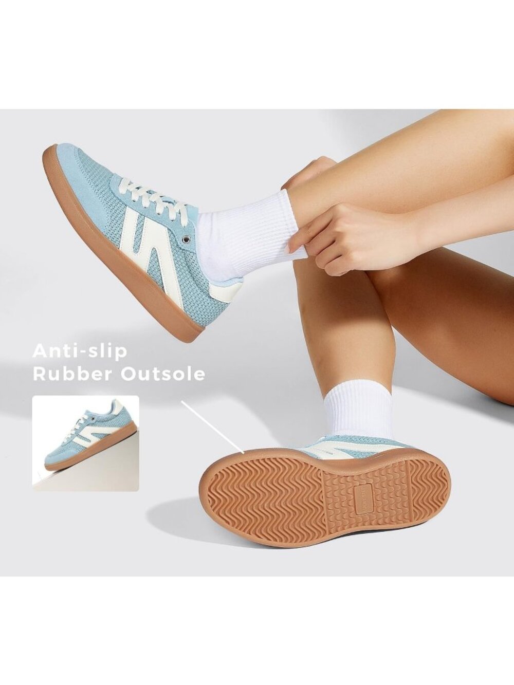 Women's Blue White Leather Lace Up Classic Retro Gum Sole Fashion Sneakers - Picture 3 of 6